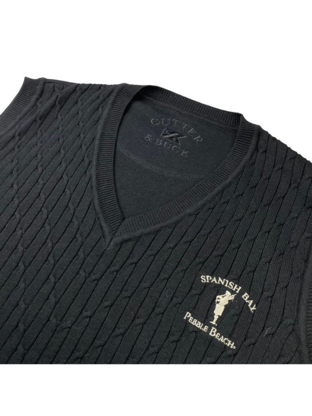 Cutter & Buck Men's Cotton Cable-Knit V-Neck Golf Sweater Vest Black • Large